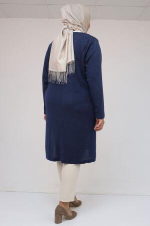 58110 Büyük Beden Yan Dikişinde Kuş Gözü Detaylı Mir Tunik - İndigo - 3