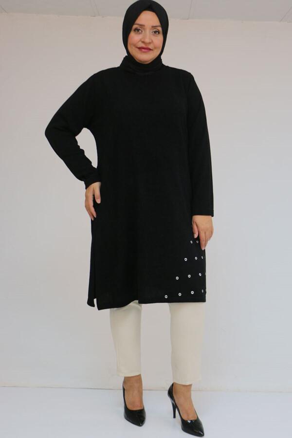 58110 Büyük Beden Yan Dikişinde Kuş Gözü Detaylı Mir Tunik - Siyah - 1
