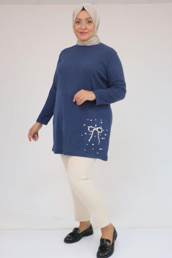 58111 Büyük Beden Önü Taş Detaylı Mir Tunik - İndigo - 1