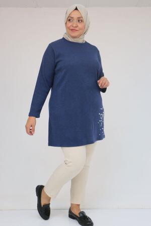 58111 Büyük Beden Önü Taş Detaylı Mir Tunik - İndigo - (1)