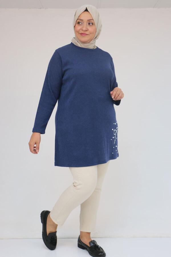 58111 Büyük Beden Önü Taş Detaylı Mir Tunik - İndigo - 2