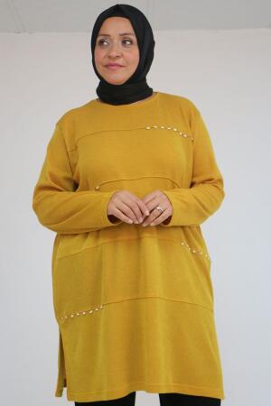 58113 Büyük Beden Dikme Taş Detaylı Çımalı Mir Tunik - Hardal - 1