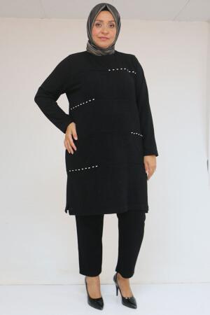 58113 Büyük Beden Dikme Taş Detaylı Çımalı Mir Tunik - Siyah - 