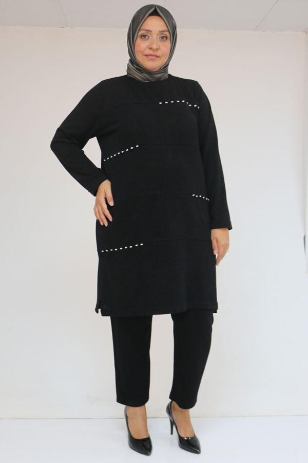 58113 Büyük Beden Dikme Taş Detaylı Çımalı Mir Tunik - Siyah - 1