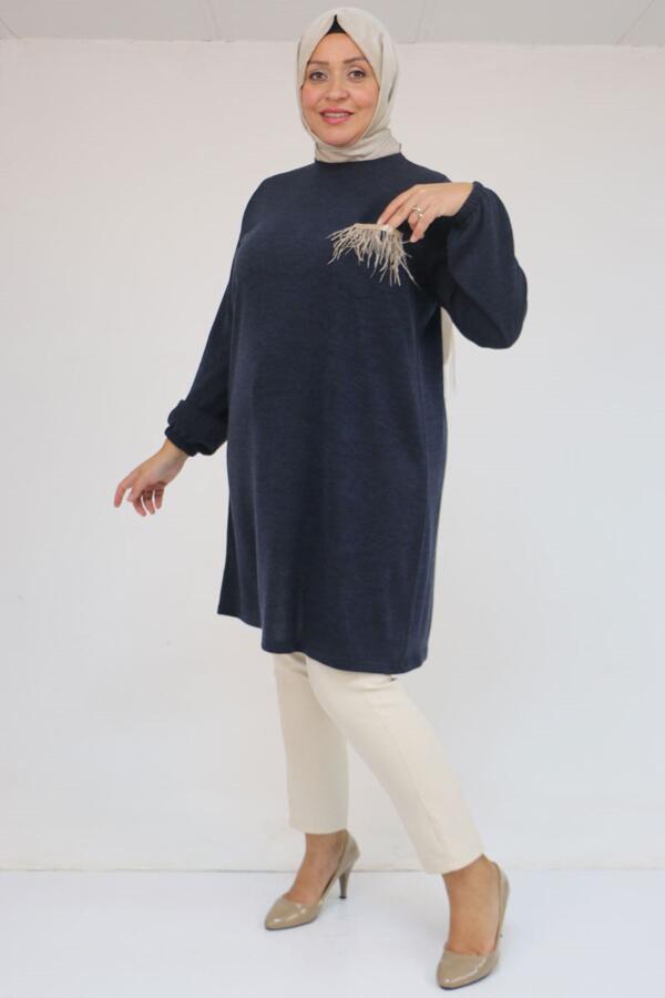 58114 Büyük Beden Kolları Lastikli Cebi Püskül Detaylı Mir Tunik - Lacivert - 1