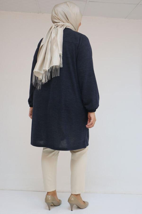 58114 Büyük Beden Kolları Lastikli Cebi Püskül Detaylı Mir Tunik - Lacivert - 3