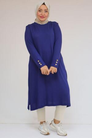 58116 Büyük Beden Kol Ve Omzu Düğme Detaylı Çilek Tunik - İndigo - 