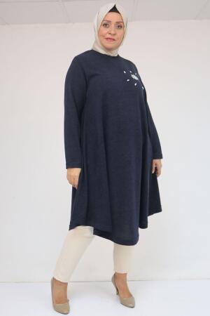 58117 Büyük Beden Taş Detaylı Mevlana Mir Tunik - Lacivert - 1
