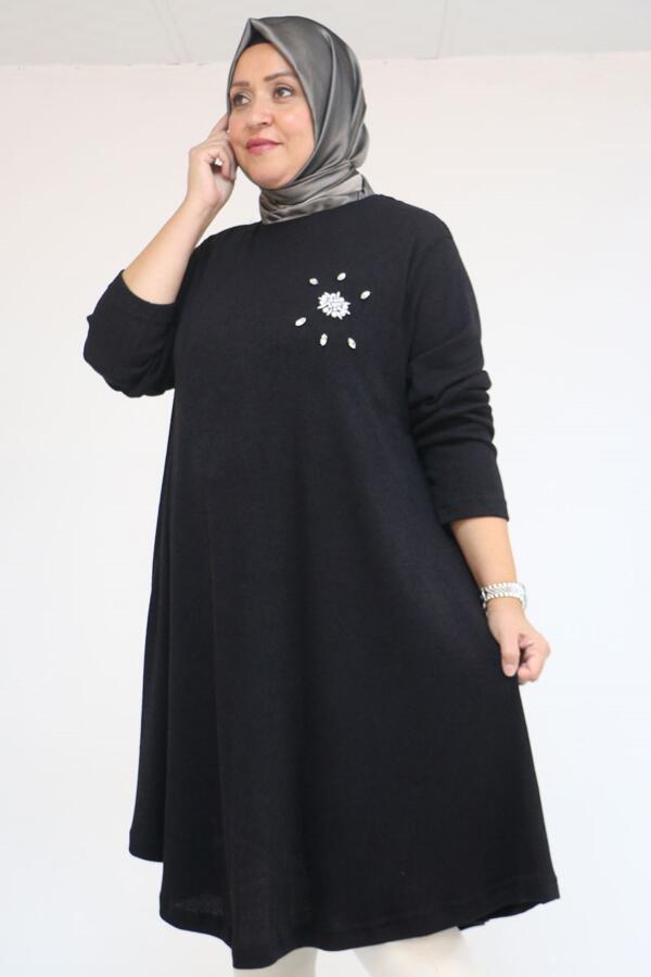 58117 Büyük Beden Taş Detaylı Mevlana Mir Tunik - Siyah - 1