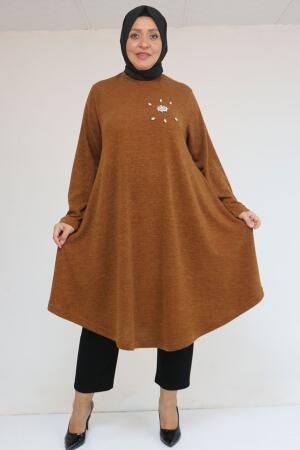 58117 Büyük Beden Taş Detaylı Mevlana Mir Tunik - Taba - 1