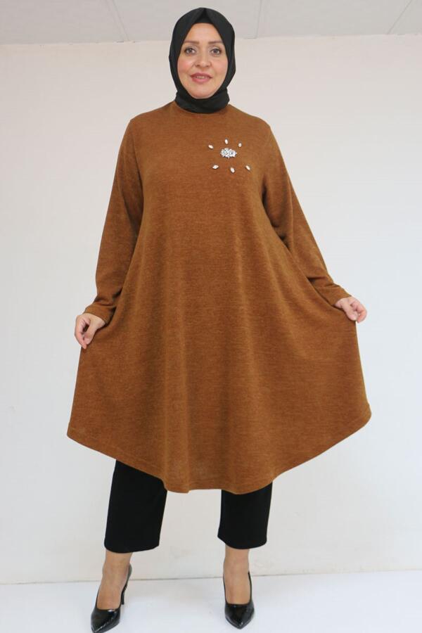 58117 Büyük Beden Taş Detaylı Mevlana Mir Tunik - Taba - 1