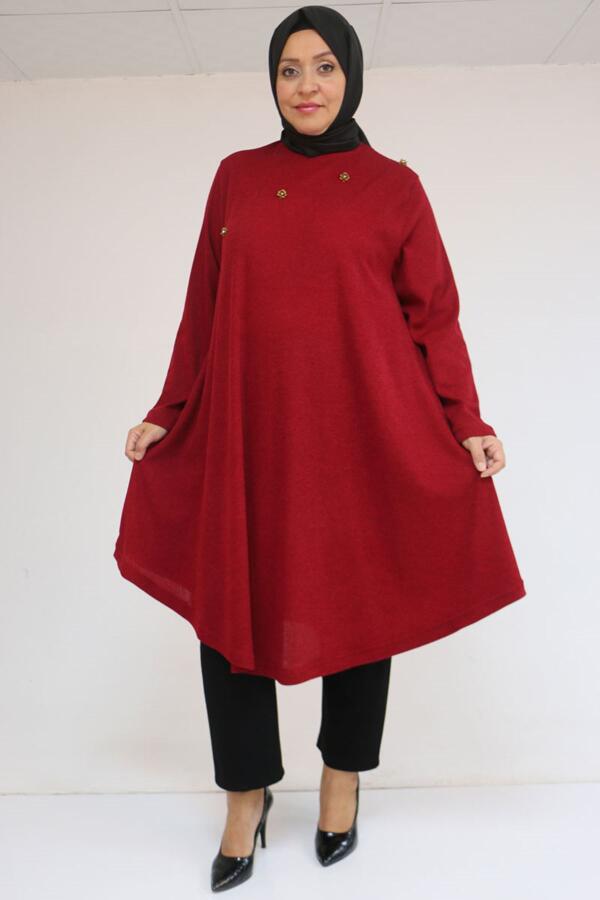 58118 Büyük Beden Çiçek Detaylı Mir Mevlana Tunik - Bordo - 1