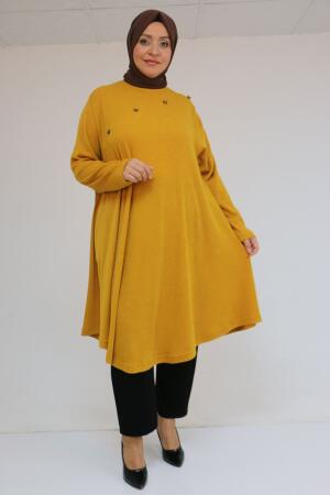 58118 Büyük Beden Çiçek Detaylı Mir Mevlana Tunik - Hardal - 