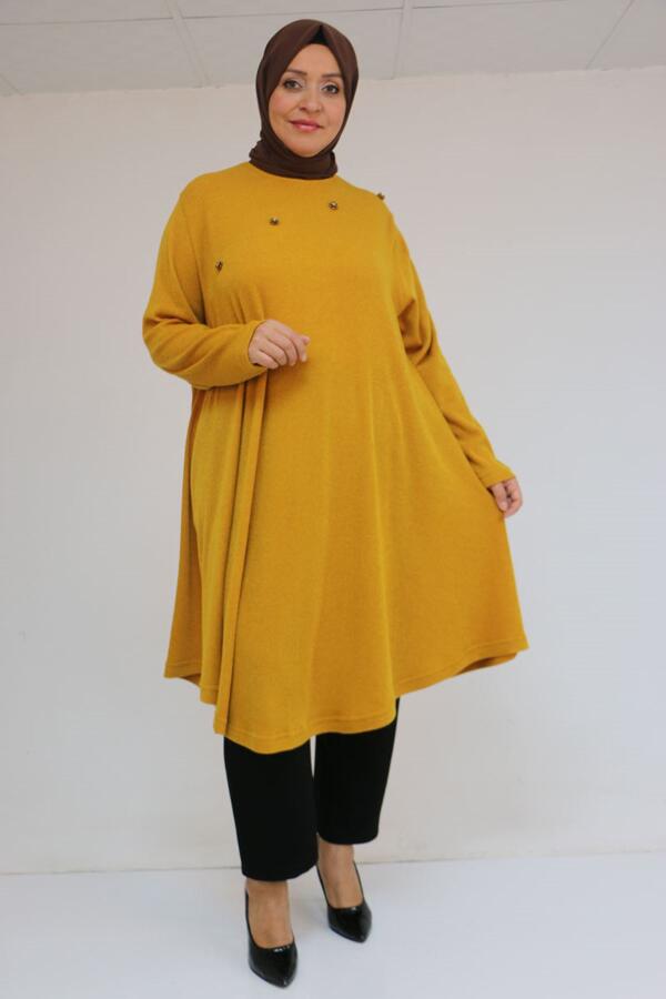 58118 Büyük Beden Çiçek Detaylı Mir Mevlana Tunik - Hardal - 1