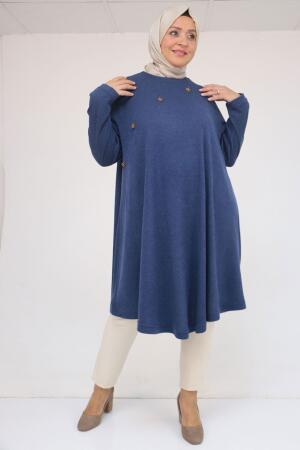 58118 Büyük Beden Çiçek Detaylı Mir Mevlana Tunik - İndigo - 