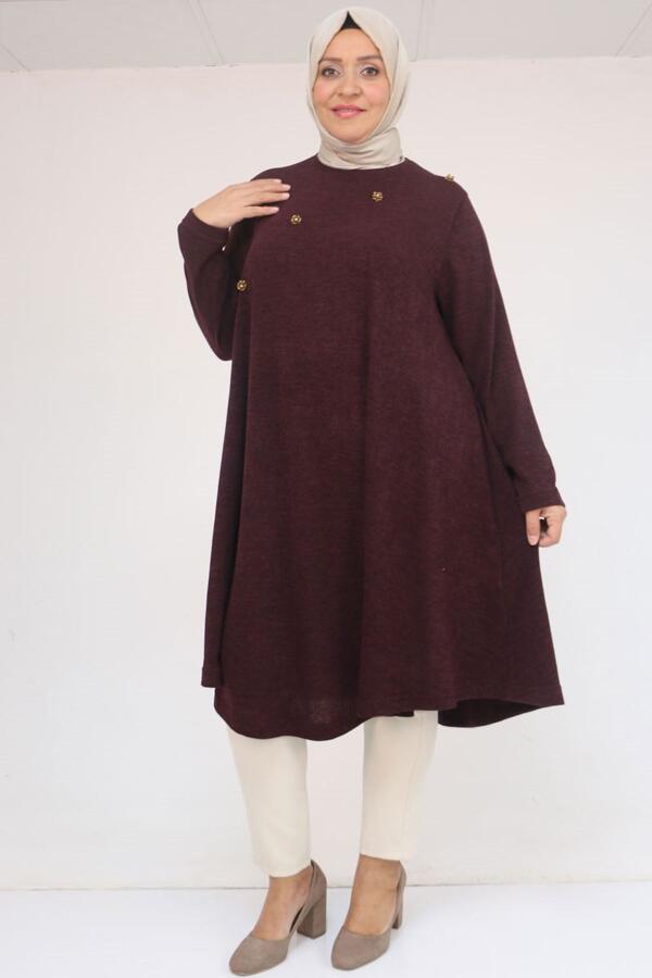 58118 Büyük Beden Çiçek Detaylı Mir Mevlana Tunik - Mürdüm - 1