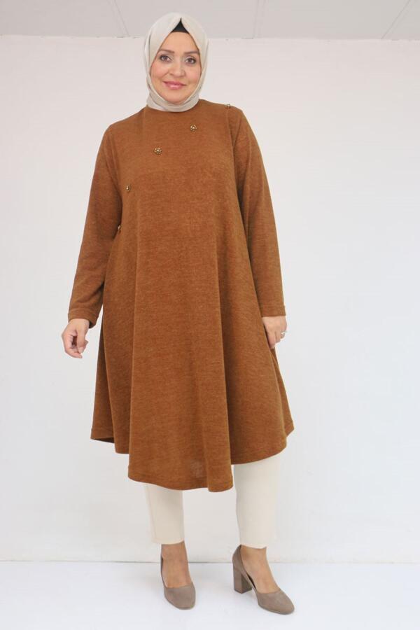 58118 Büyük Beden Çiçek Detaylı Mir Mevlana Tunik - Taba - 1