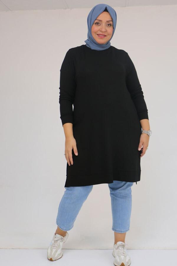 58120 Büyük Beden Manşetli Çilek Tunik - Siyah - 1