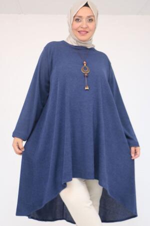 58125 Büyük Beden Eteği Oval Kesim Kolyeli Mir Tunik - İndigo - 