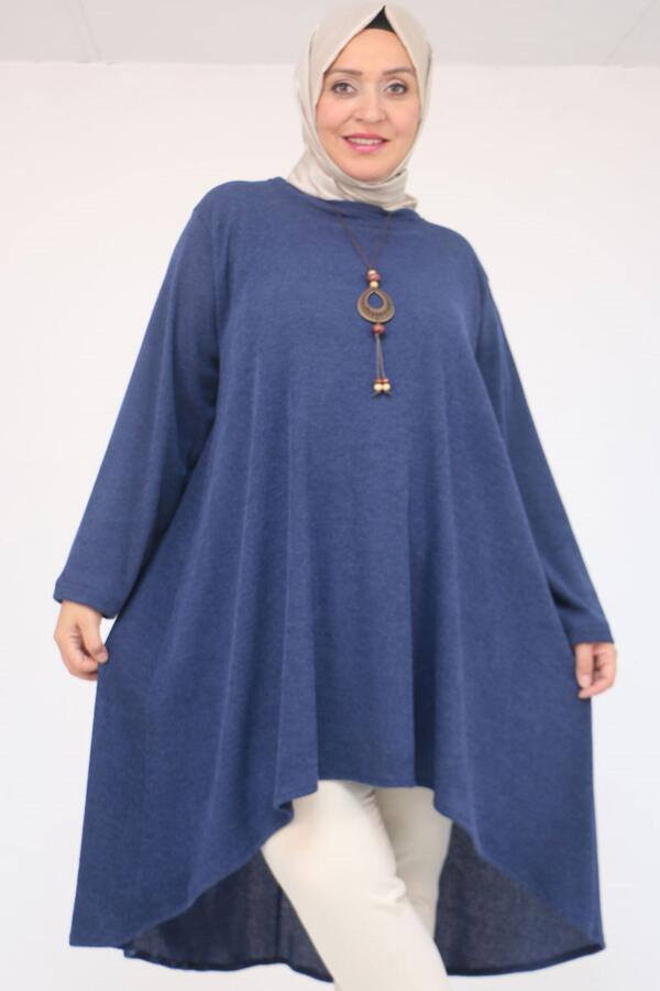58125 Büyük Beden Eteği Oval Kesim Kolyeli Mir Tunik - İndigo - 1
