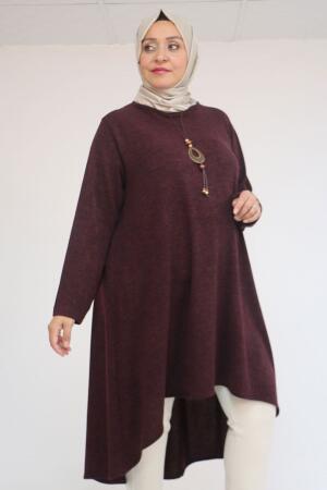 58125 Büyük Beden Eteği Oval Kesim Kolyeli Mir Tunik - Mürdüm - 