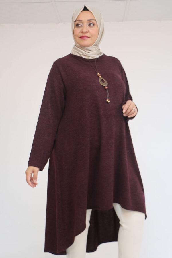 58125 Büyük Beden Eteği Oval Kesim Kolyeli Mir Tunik - Mürdüm - 1