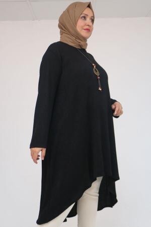 58125 Büyük Beden Eteği Oval Kesim Kolyeli Mir Tunik - Siyah - 