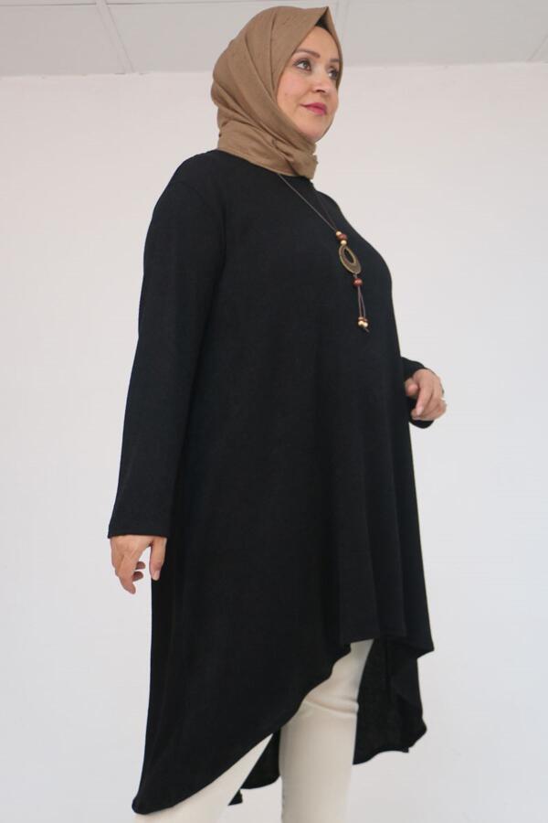 58125 Büyük Beden Eteği Oval Kesim Kolyeli Mir Tunik - Siyah - 1