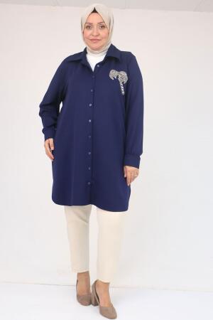 58126 Büyük Beden Düğmeli Aksesuar Detaylı Modal Tunik - İndigo - 1
