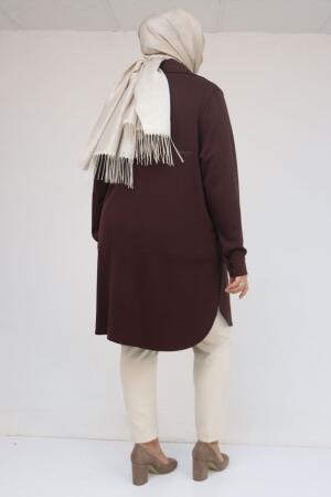 58126 Büyük Beden Düğmeli Aksesuar Detaylı Modal Tunik - Kahve - 3