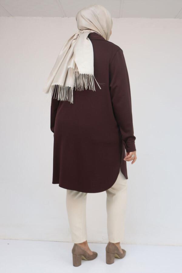 58126 Büyük Beden Düğmeli Aksesuar Detaylı Modal Tunik - Kahve - 3