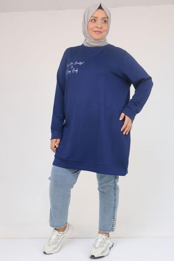 58128 Büyük Beden Baskı Detaylı Modal Tunik - İndigo - 1