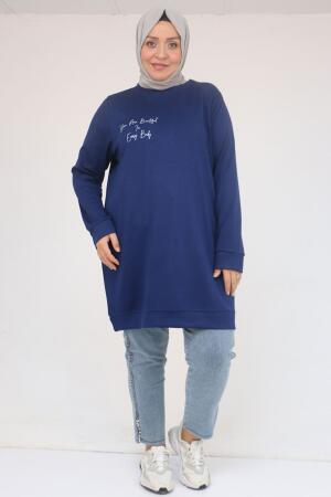 58128 Büyük Beden Baskı Detaylı Modal Tunik - İndigo - 3