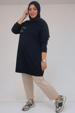 58128 Büyük Beden Baskı Detaylı Modal Tunik - Lacivert - 