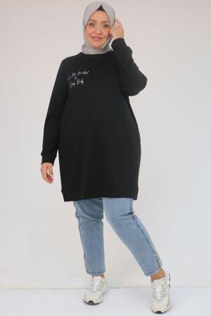 58128 Büyük Beden Baskı Detaylı Modal Tunik - Siyah - 