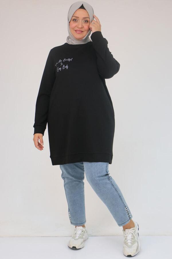 58128 Büyük Beden Baskı Detaylı Modal Tunik - Siyah - 1