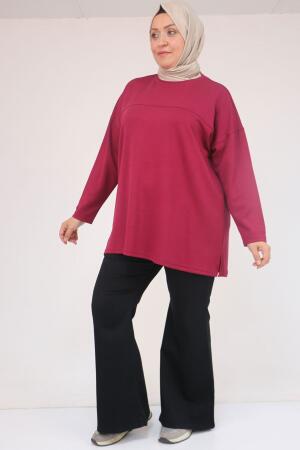 58132 Büyük Beden Önü Çıma Detaylı Yanı Yırtmaçlı Modal Tunik - Bordo - (1)