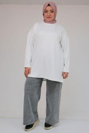 58132 Büyük Beden Önü Çıma Detaylı Yanı Yırtmaçlı Modal Tunik - Ekru - 