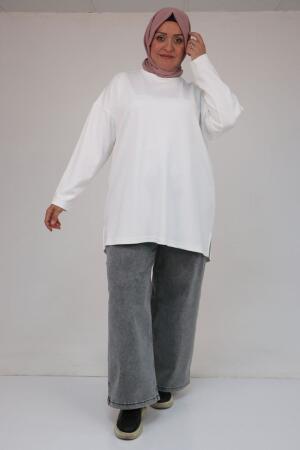 58132 Büyük Beden Önü Çıma Detaylı Yanı Yırtmaçlı Modal Tunik - Ekru - (1)