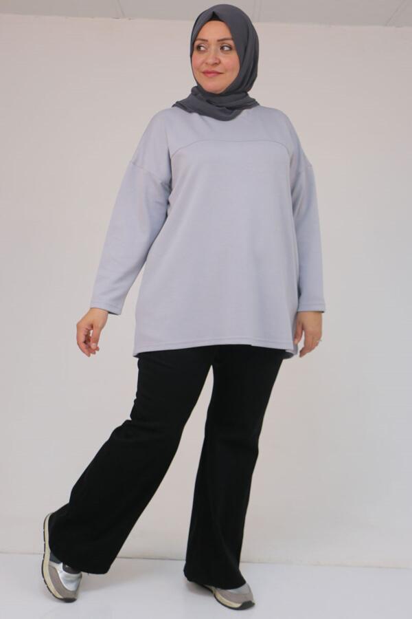 58132 Büyük Beden Önü Çıma Detaylı Yanı Yırtmaçlı Modal Tunik - Gri - 1