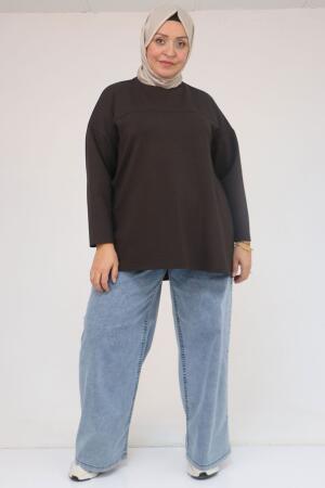58132 Büyük Beden Önü Çıma Detaylı Yanı Yırtmaçlı Modal Tunik - Kahve - 