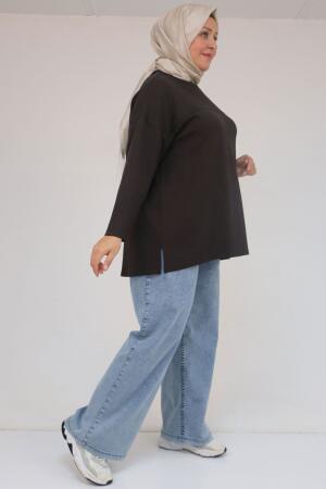 58132 Büyük Beden Önü Çıma Detaylı Yanı Yırtmaçlı Modal Tunik - Kahve - (1)