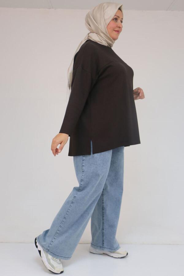 58132 Büyük Beden Önü Çıma Detaylı Yanı Yırtmaçlı Modal Tunik - Kahve - 2