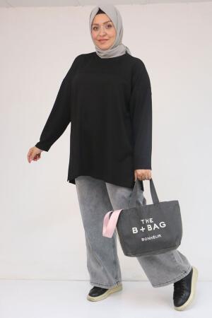 58132 Büyük Beden Önü Çıma Detaylı Yanı Yırtmaçlı Modal Tunik - Siyah - 