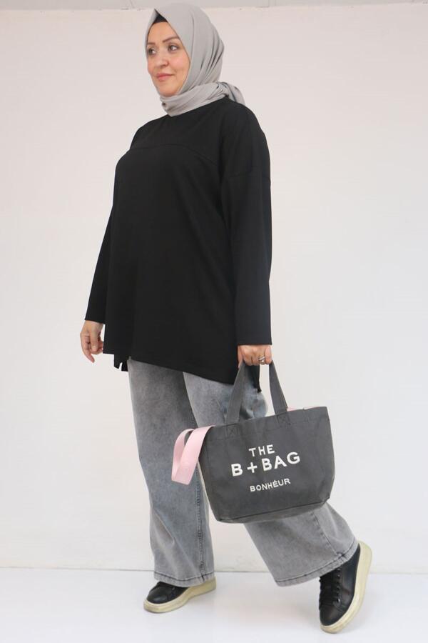 58132 Büyük Beden Önü Çıma Detaylı Yanı Yırtmaçlı Modal Tunik - Siyah - 2