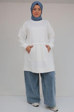 58133 Büyük Beden Kanguru Cepli Modal Tunik - Ekru - 