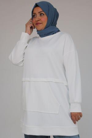 58133 Büyük Beden Kanguru Cepli Modal Tunik - Ekru - (1)