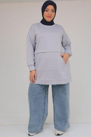 58133 Büyük Beden Kanguru Cepli Modal Tunik - Gri - 