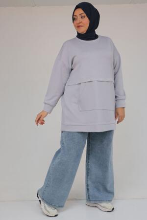 58133 Büyük Beden Kanguru Cepli Modal Tunik - Gri - (1)