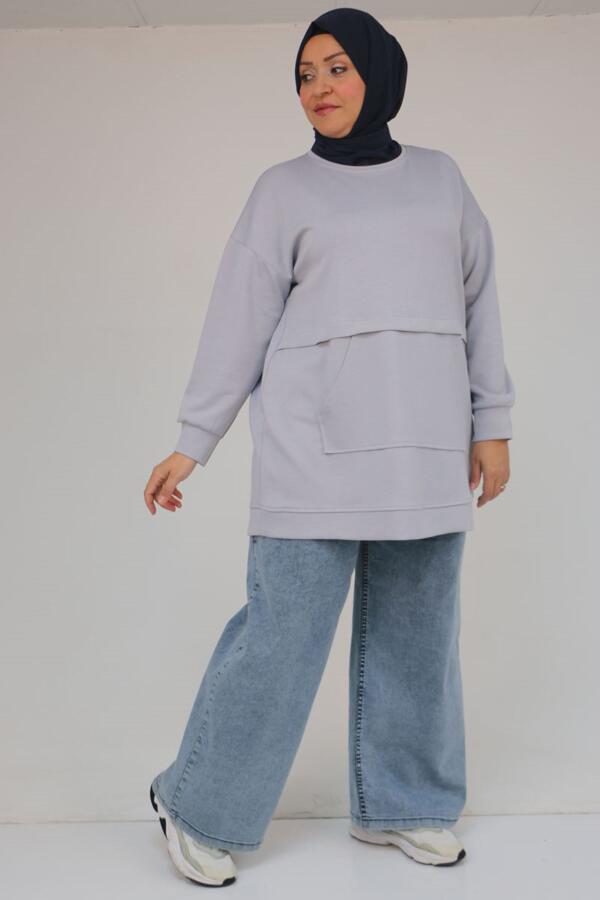 58133 Büyük Beden Kanguru Cepli Modal Tunik - Gri - 2